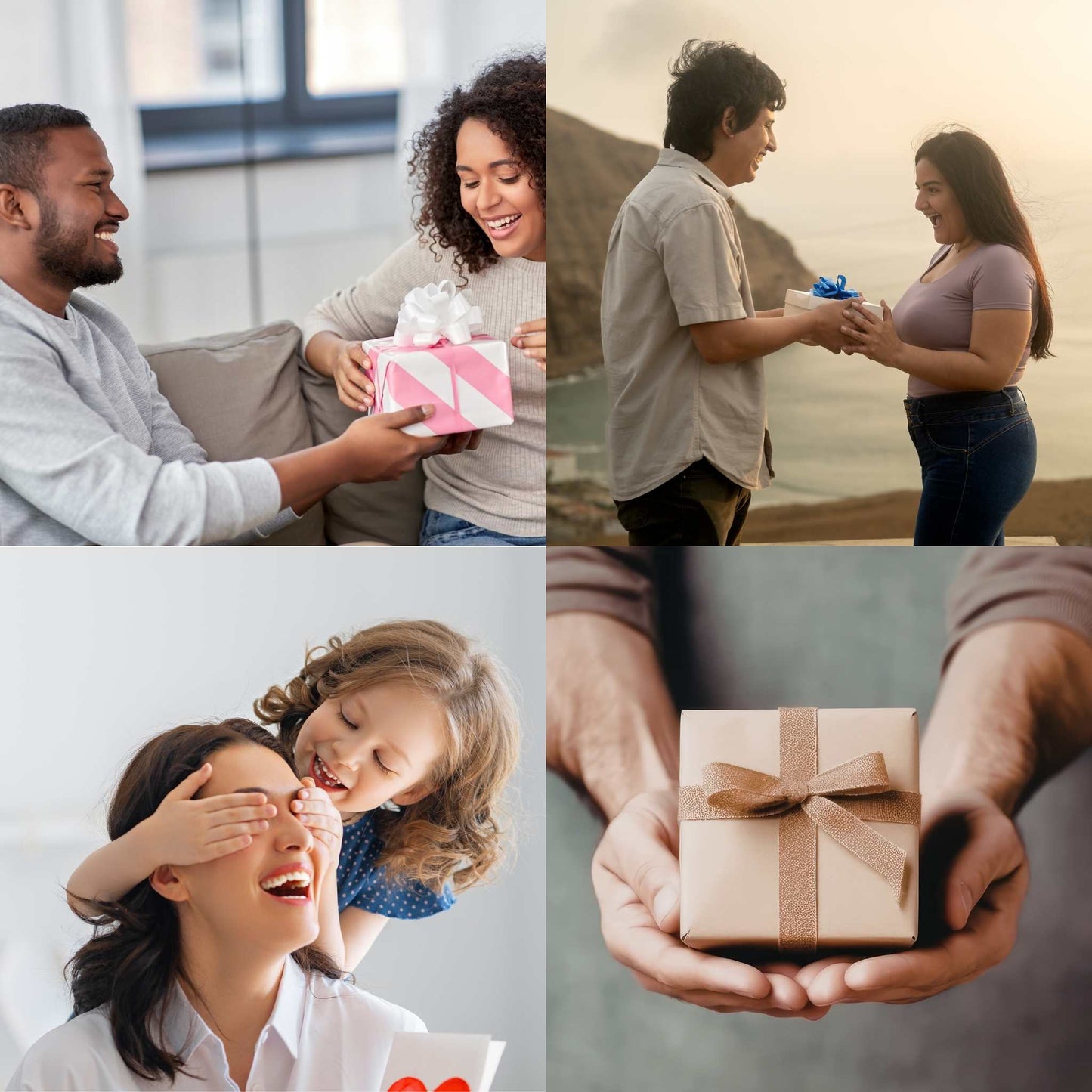 Collage of four images showing people exchanging gifts in various settings.
