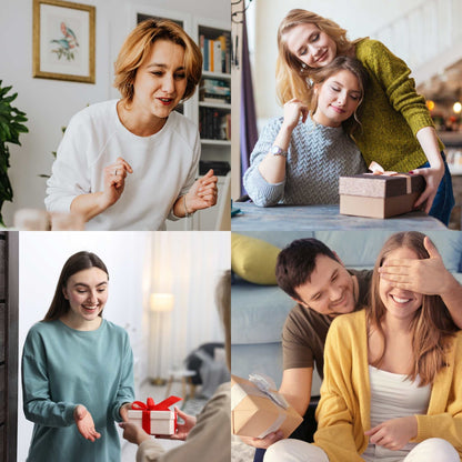 Collage of four images showing people interacting with gifts in different settings.