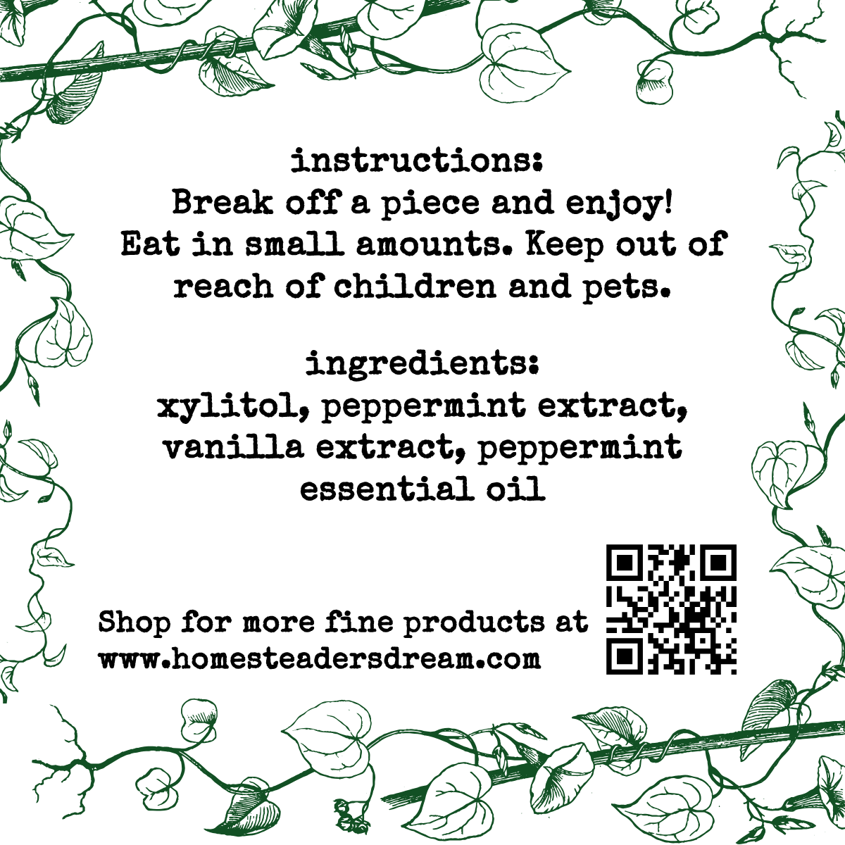 Product label with instructions, ingredients, and a QR code with green leaf border.