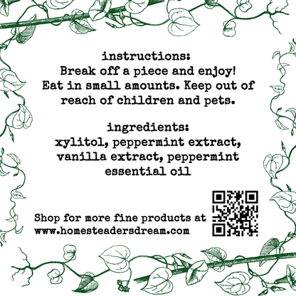 Product label with instructions, ingredients, and a QR code with green leaf border.