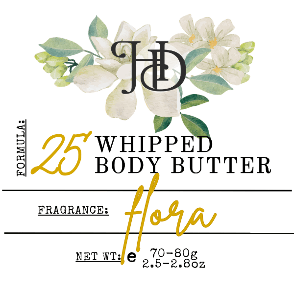 Label for jasmine Whipped Body Butter with floral design and branding elements.