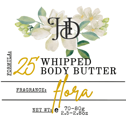 Label for jasmine Whipped Body Butter with floral design and branding elements.
