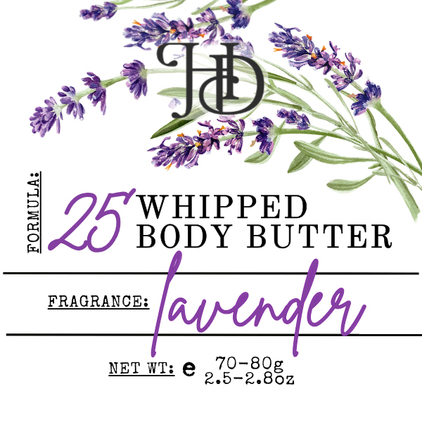 Label for lavender whipped body butter with lavender fragrance and branding on a white background