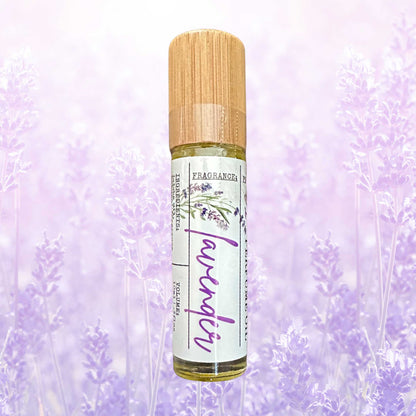 Roll-on perfume bottle labeled 'lavender' with a lavender background