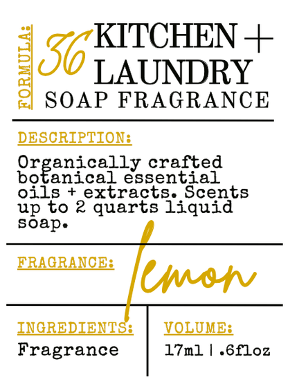 Label for kitchen and laundry soap fragrance with lemon scent, 17ml volume, and organic botanical essential oils.