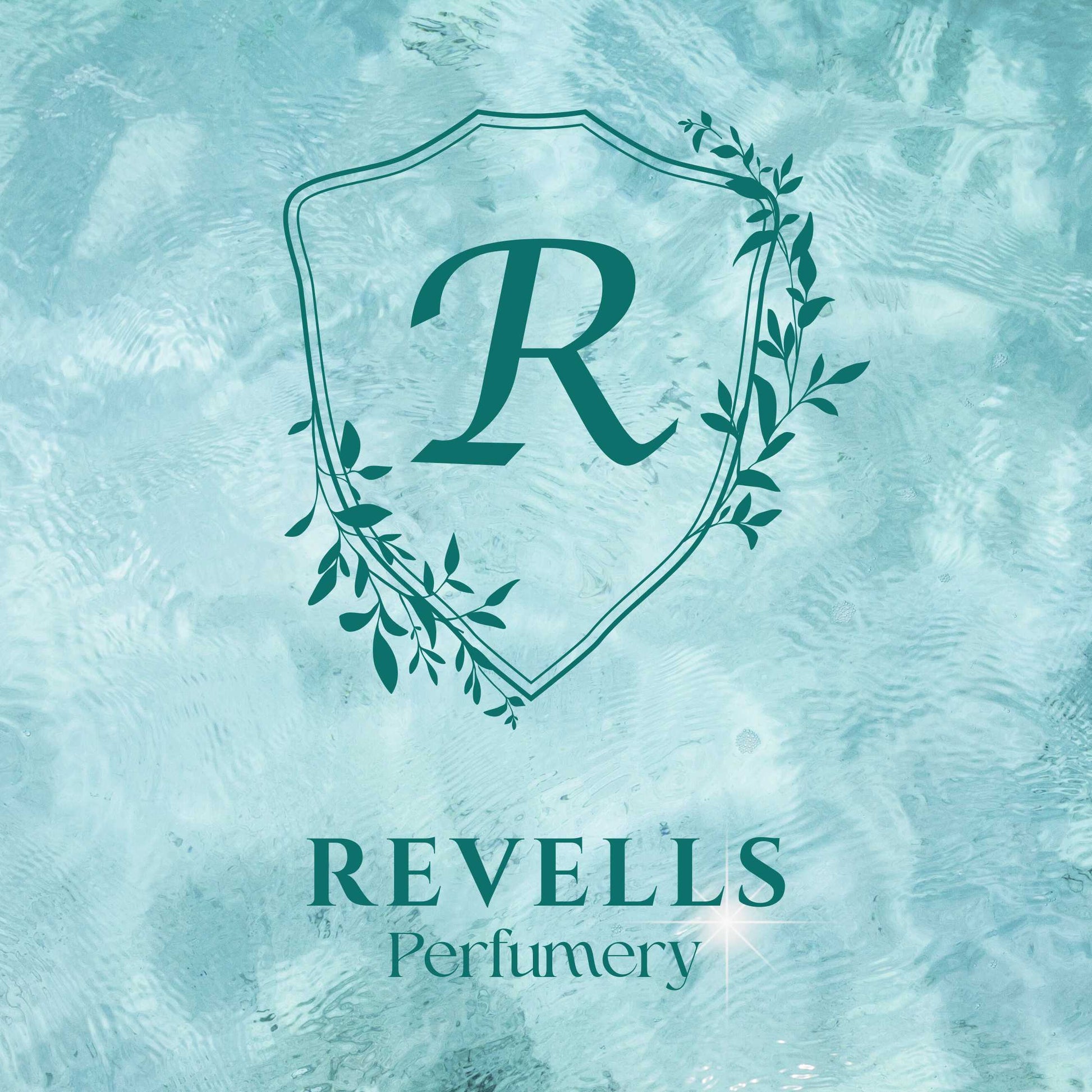 Revells Perfumery logo on a textured blue background