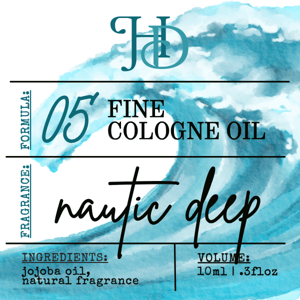 Label for fine cologne oil with wave design and brand logo