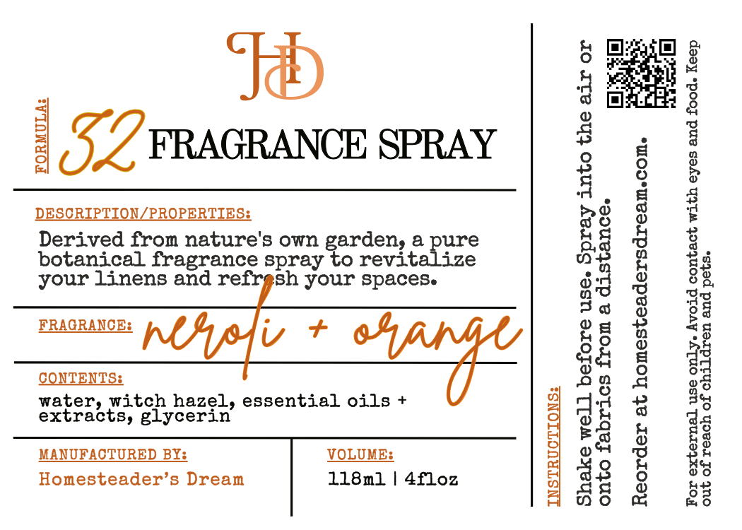 Fragrance spray label with brand name and product details on a white background