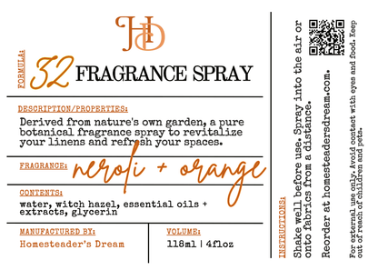 Fragrance spray label with brand name and product details on a white background