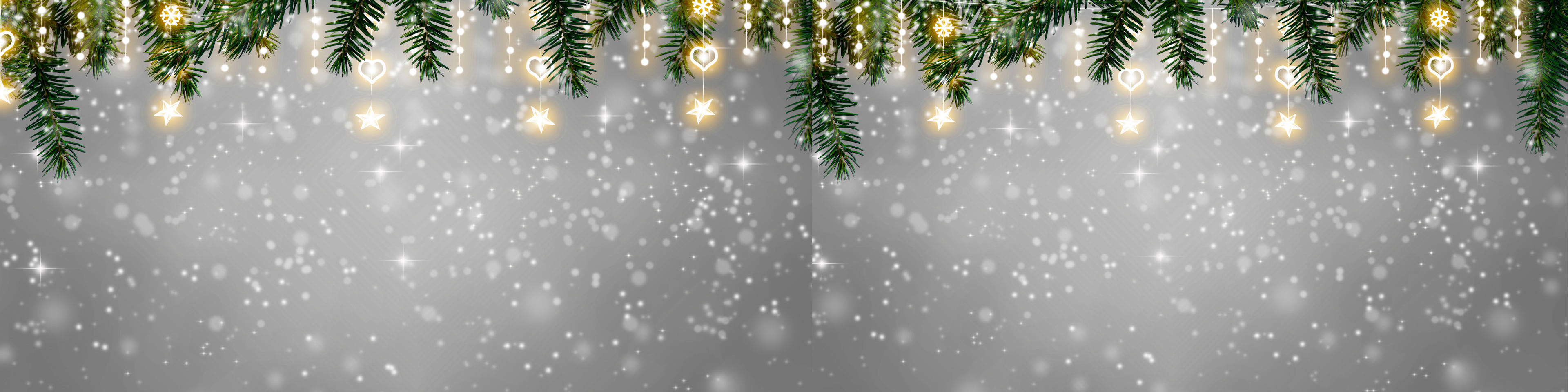 evergreen branches lit with golden lights with falling snow background
