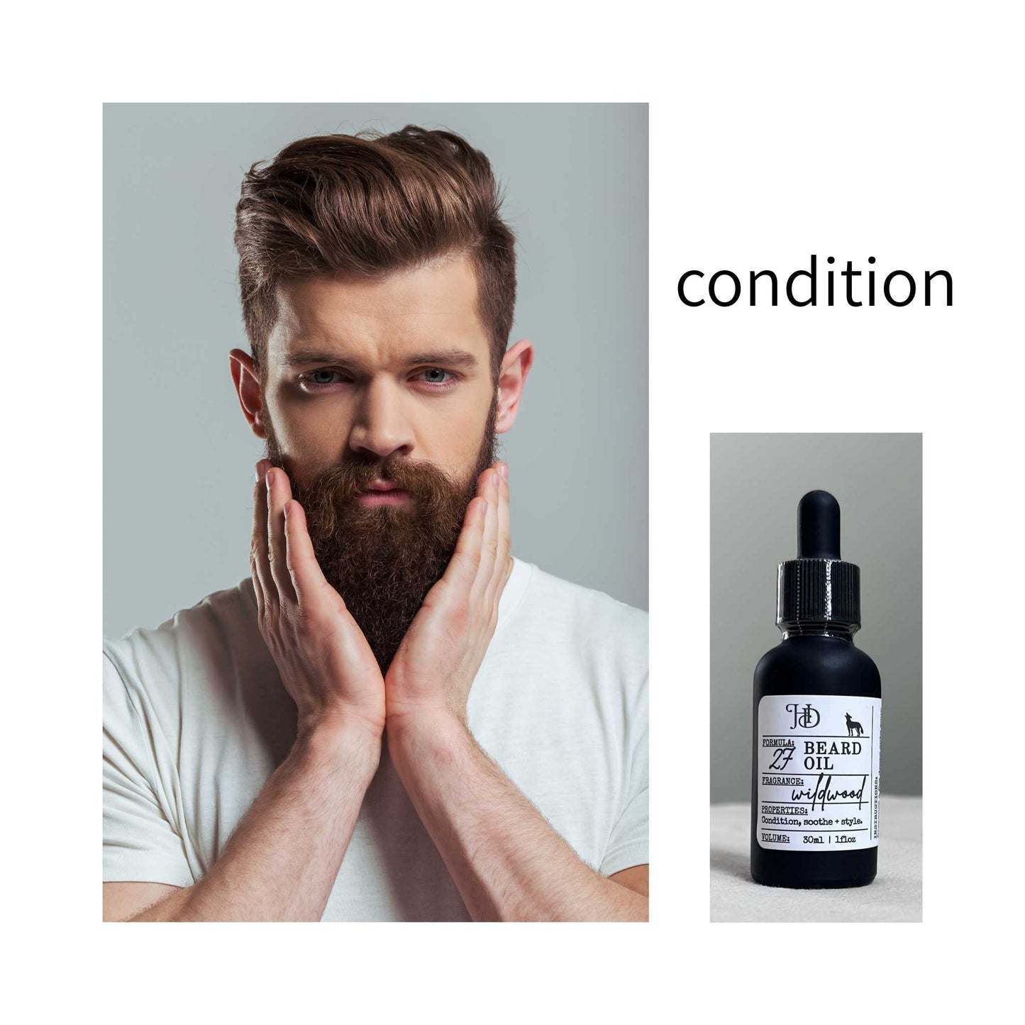 Man with a beard next to a bottle of HD beard oil labeled 'condition'.