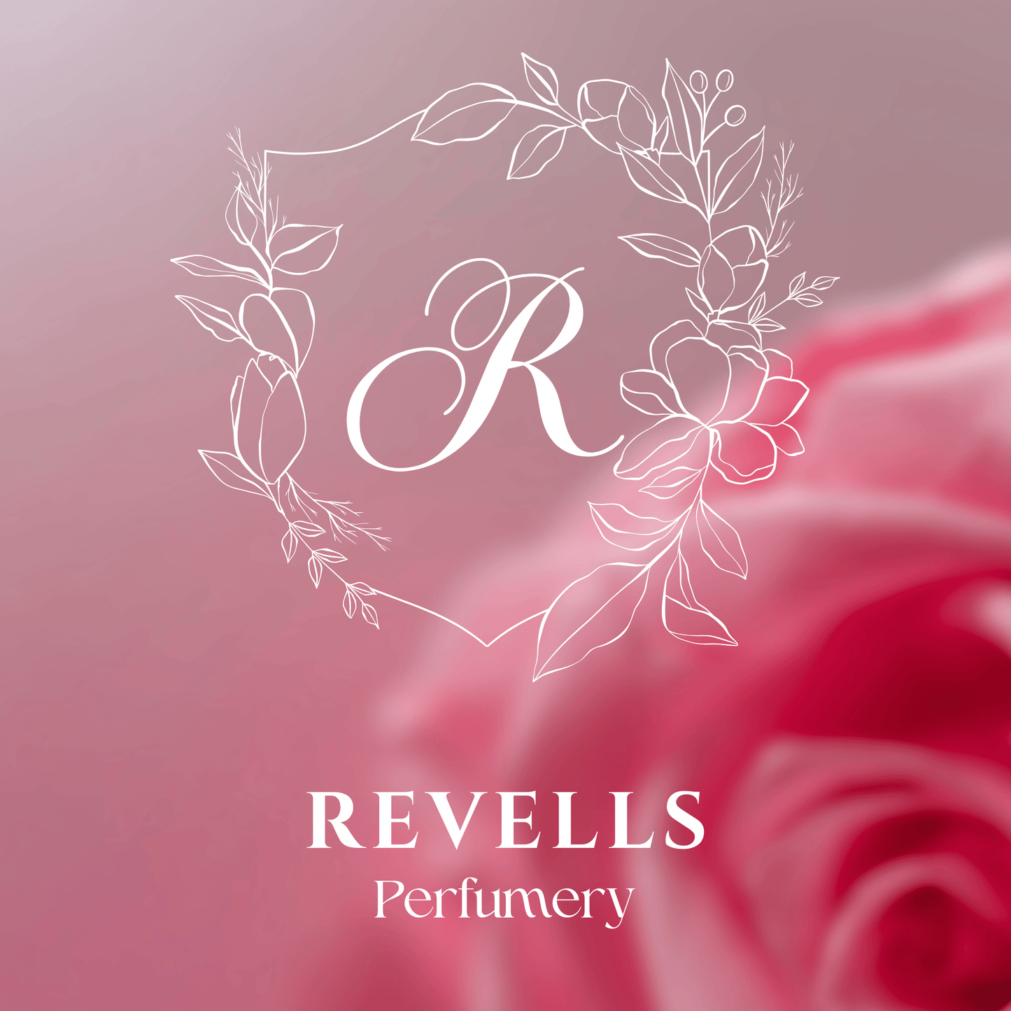 Revells Perfumery logo with a floral design and pink roses on a blurred background