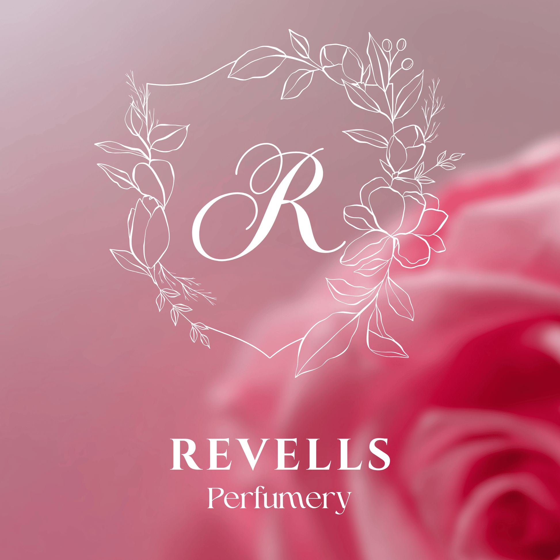 Revells Perfumery logo with a floral design and pink roses on a blurred background