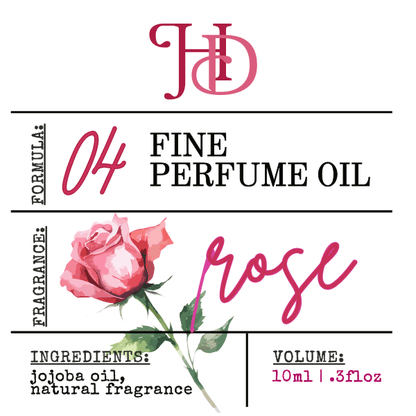 Perfume oil label with a pink rose and 'HD' branding