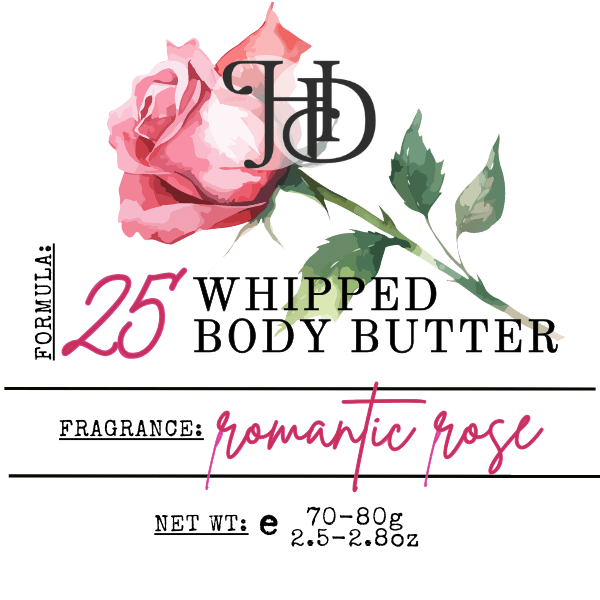 Whipped body butter label with a pink rose and 'HD' branding on a white background.