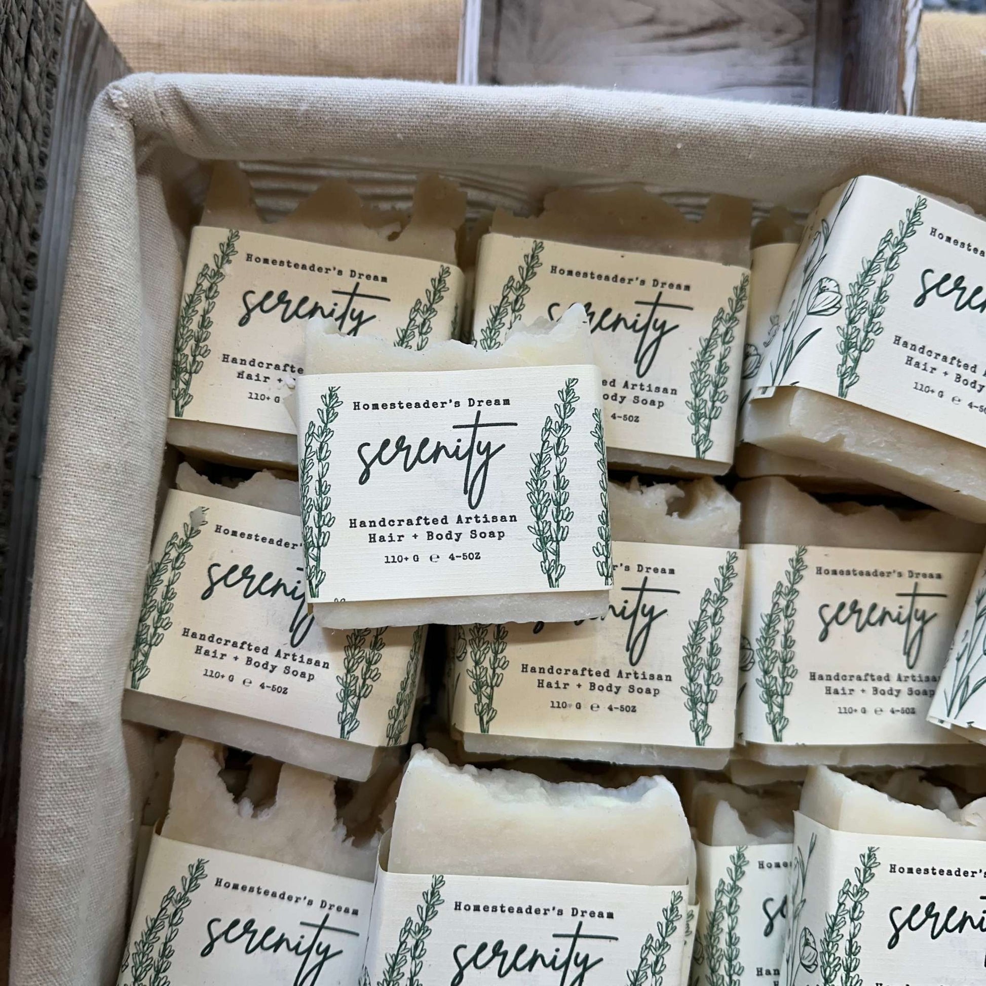 serenity fragrance free handcrafted artisan bar soaps with linen paper labels in a basket