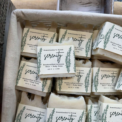 serenity fragrance free handcrafted artisan bar soaps with linen paper labels in a basket