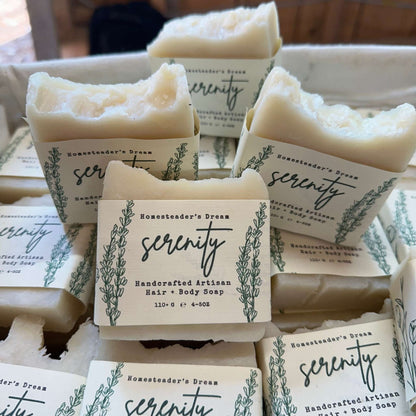 basket of fragrance free serenity soap bars with linen paper labels