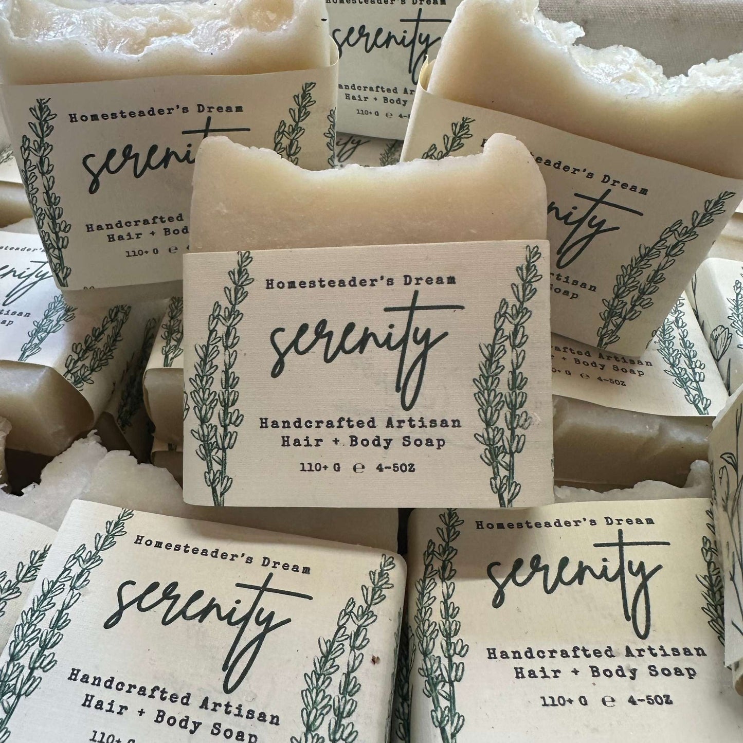 fragrance-free handcrafted artisan hair and body soap bars with 'serenity' label in a basket
