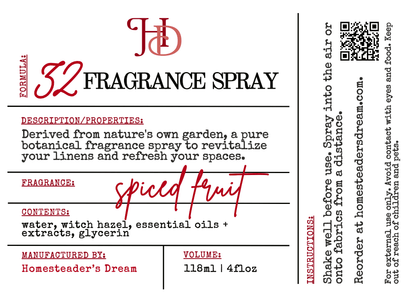 Fragrance spray label with spiced fruit fragrance on a white background