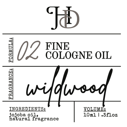 Label for Fine Cologne Oil Wildwood with branding and product details.